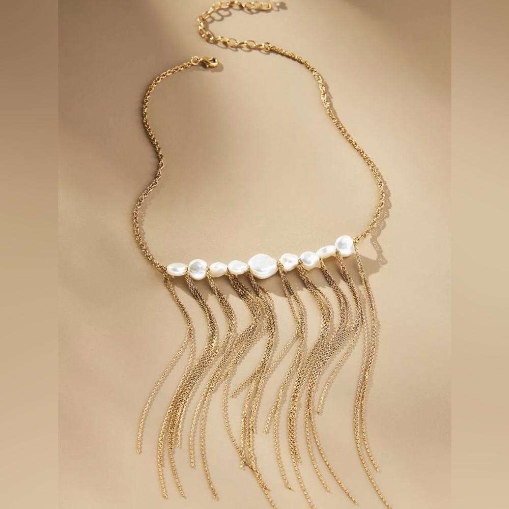 Anthropologie Boho Pearl Fringe Statement Necklace Gold Chain Tassel